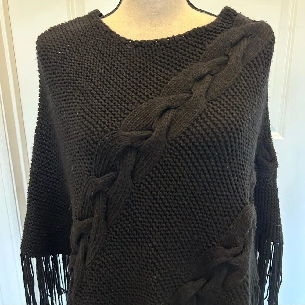 INC International Concepts Black Knit Poncho with Fringe